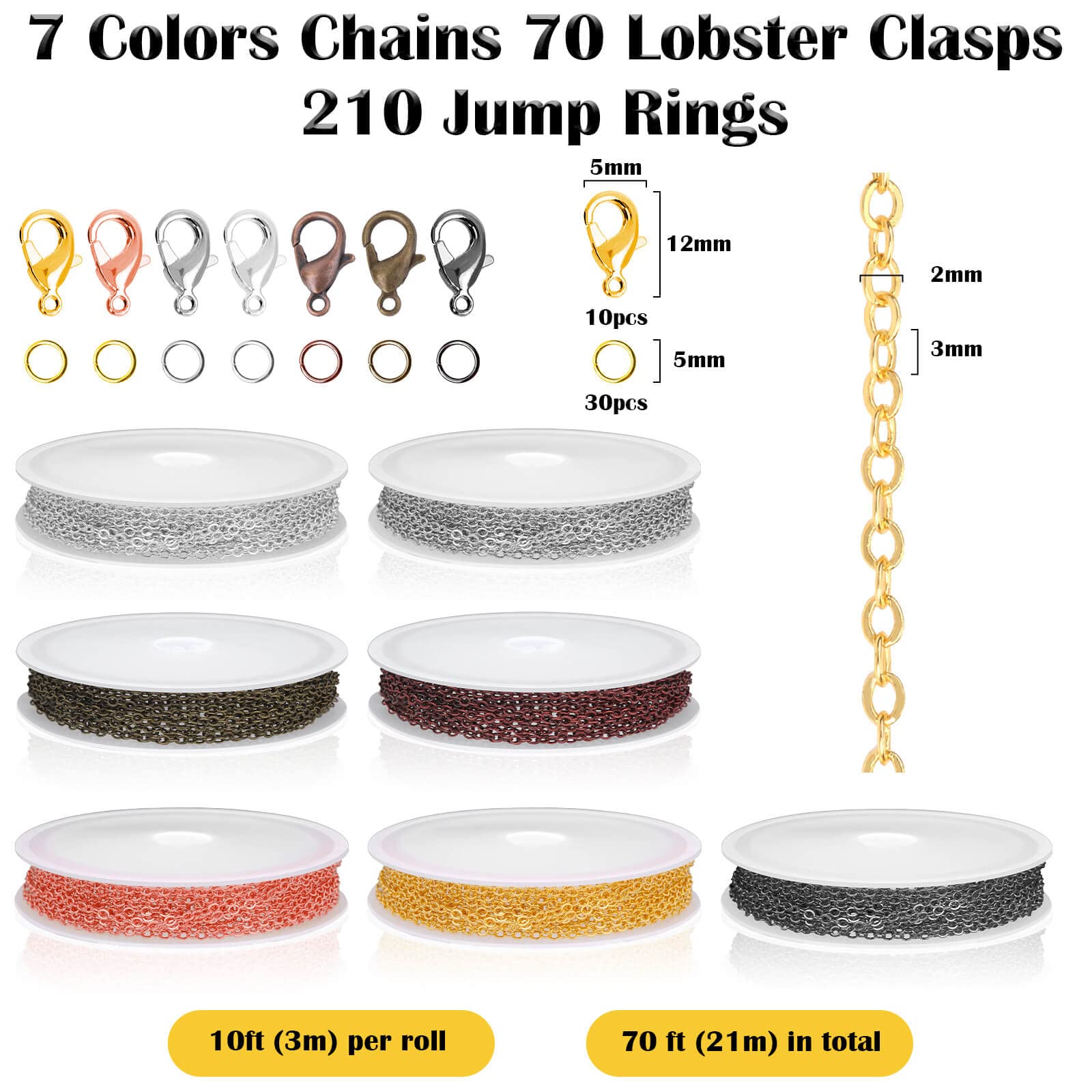 70Ft Jewelry Making Chains, 7 Colors 2mm Stainless Necklace Chains for Jewelry Making, Metal Chains Kit with 210Pcs Jump Rings and 70Pcs Lobster Clasps for DIY Jewelry Necklace Bracelet Anklet Making