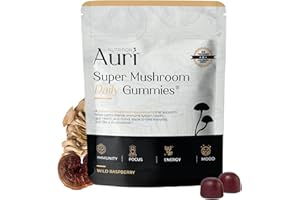 Auri Super Mushroom Daily Gummies - All-in-One Daily Mushroom Supplement Gummy - 12 Mushroom Blend with Chaga, Lions Mane, Reishi, Cordyceps - 60 Gummies