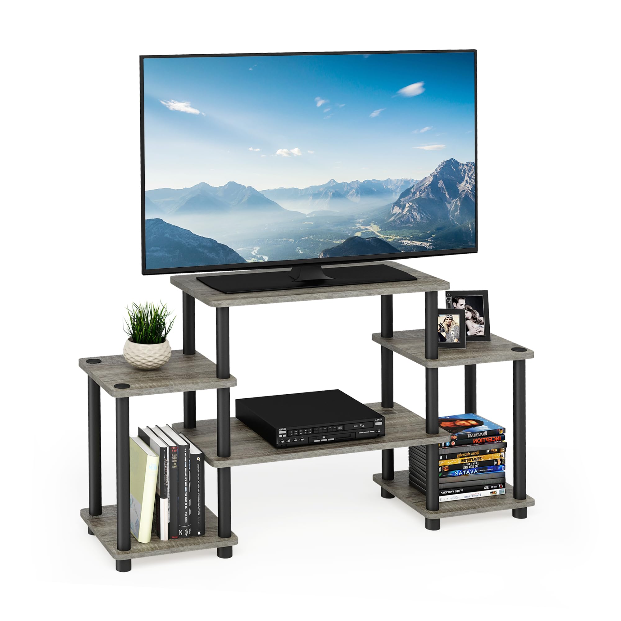 Furinno TURN-N-TUBE TV Stand, Entertainment Center with Open Shelves, TV Console with Raised Top for TV up to 32 Inch, for Living Room, Bedroom, French Oak