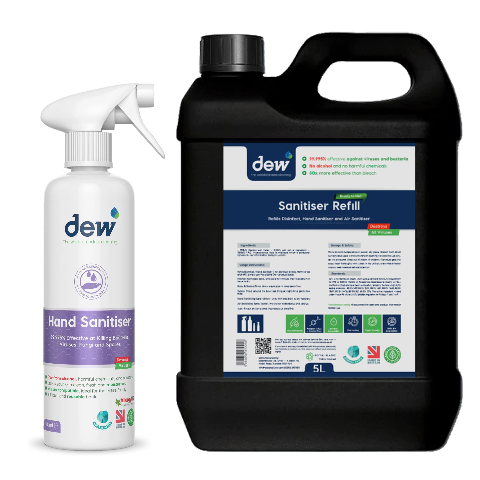 Dew Hand Sanitiser Electrolysed Water - 100% Hypoallergenic, Non-Irritant, 5L Refill with 500ml Triggerspray