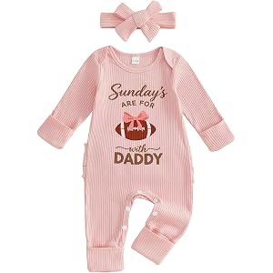 Lamuusaa Newborn Baby Girl Football Outfit Long Sleeve Sundays Are for Football Romper Jumpsuit Headband Infant Fall Clothes