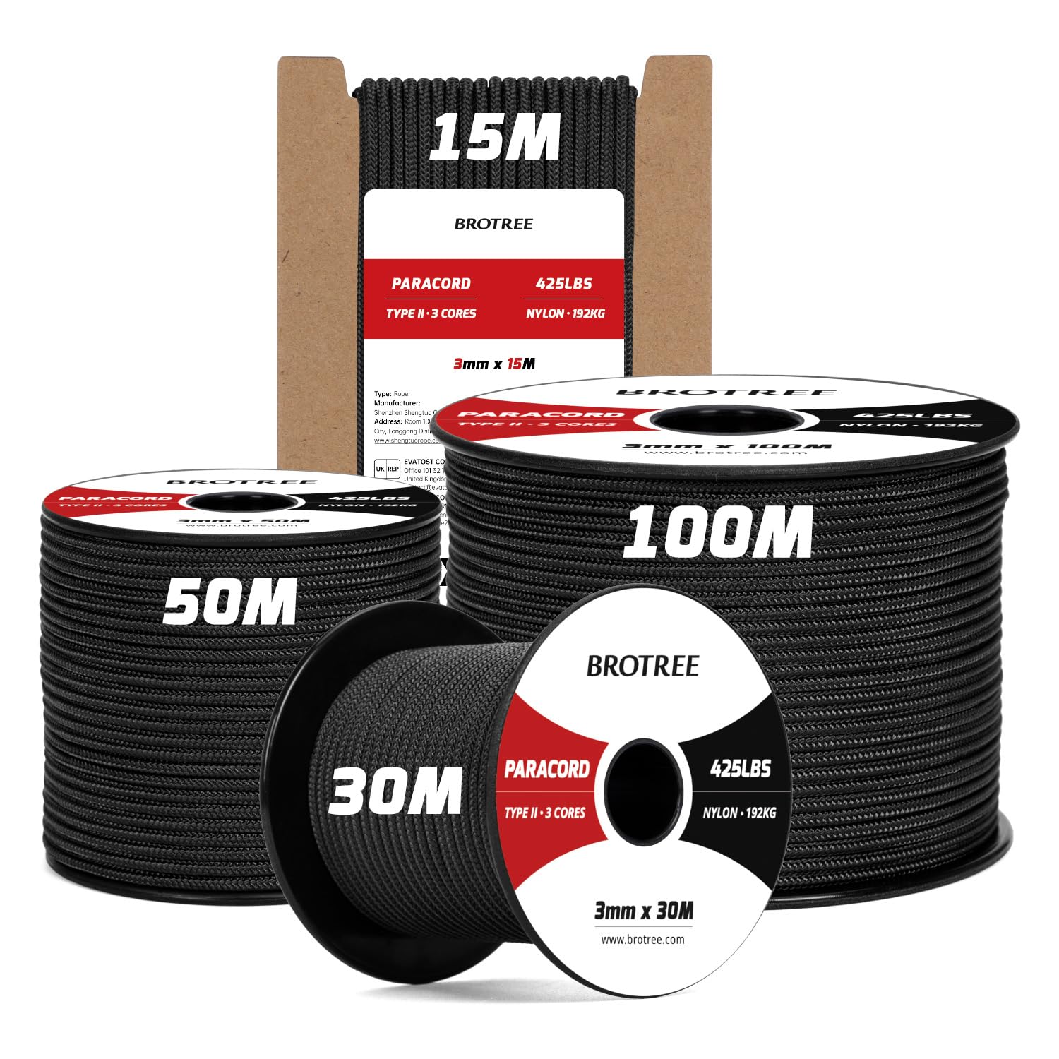 Brotree 3mm Paracord 425 100% Nylon 100M Rope 3 Strands Type II Parachute Cord for Outdoor, Craft, DIY - 192kg Breaking Load (Black)