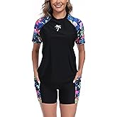 Halcurt Women's Two Piece Rash Guard Swim Shirts Built in Bra Swimsuit with Boyshorts with Pockets