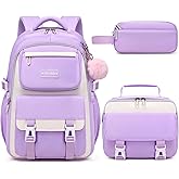 Makukke School Backpack for Girls Book Bag Set, School Bag for Teens Girls Kid Children Elementary Middle School Student, Waterproof Purple Backpack