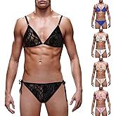 Kinizpl Men's Lace Sissy Thong Panties Sexy Low Rise T-back G-string Underwear Sheer Gay Lingerie Crossdresser