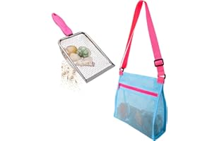 MUYIZI Beach Mesh Shovel with Mesh Shell Bags, Kids Filter Sand Scooper for Picking Up Shells,Shark Tooth Sifter Dipper for Boys and Girls,Beach Toys Accessories (Bright Pink)