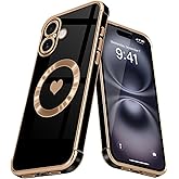 L-FADNUT Magnetic Case for iPhone 16 Plus Women Girl Luxury Plating Cute Love Heart Slim Cover Full Camera Lens Protection Compatible with MagSafe for iPhone 16 Plus,Black