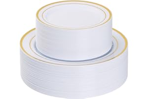 Goodluck 120PCS Gold Plastic Plates, Disposable Party Plates Gold Rim, 60 10 inch Heavy Duty Dinner Plates and 60 7 inch Dess