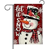 Dyrenson Christmas Snowman Red Decorative Garden Flag, Xmas Let It Snow Cardinal Snowflake Yard Outside Home Decoration, Winter Holiday Burlap Outdoor Small Decor Double Sided 12 x 18