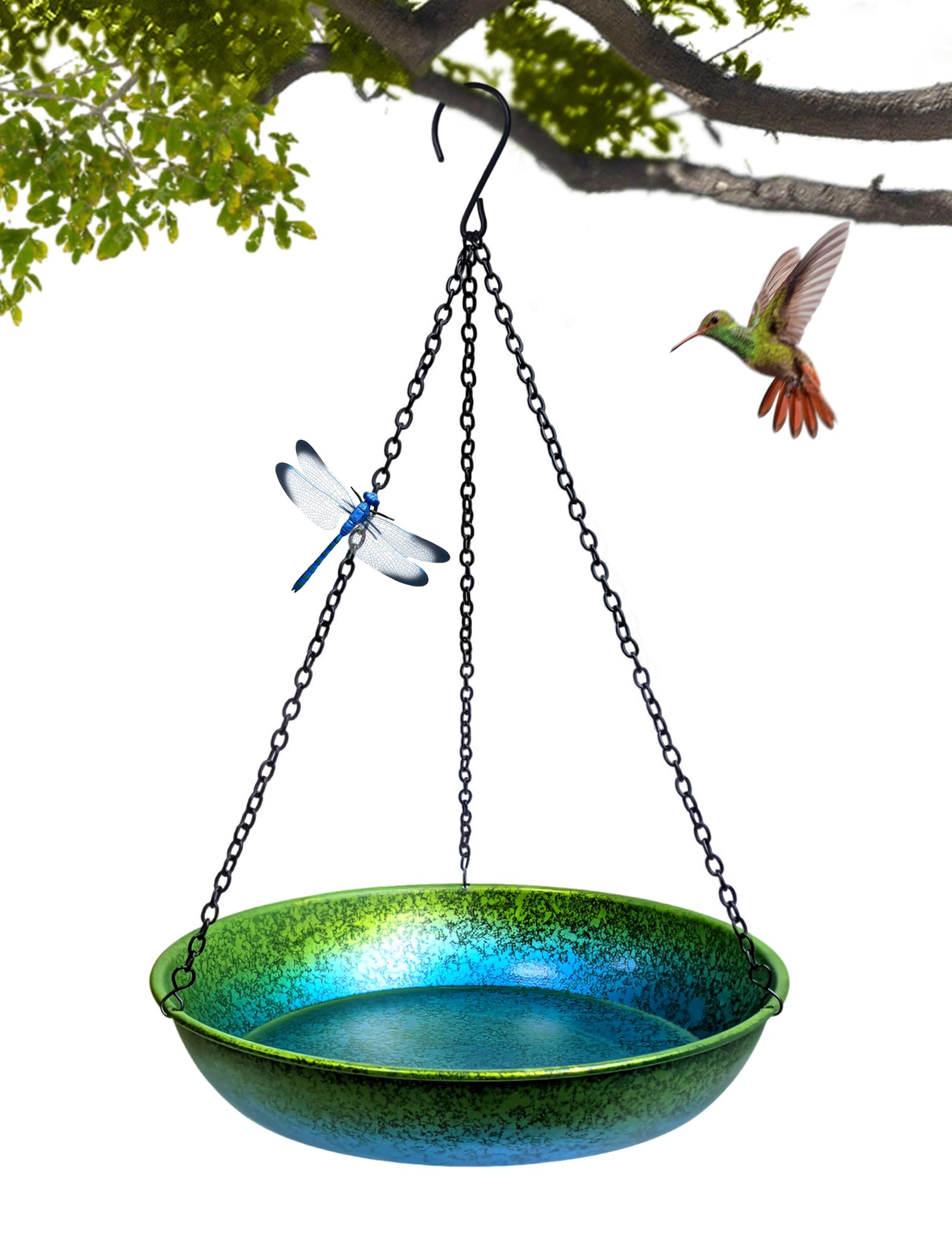 Photo 1 of Hanging Bird Bath for Outside Metal Hanging Bird Feeder Window Birds Feeder Hand-Painted Blue and Green Gradient 11 in for Birds to Seed Bathe and Drink for Back Yard, Deck,Patio Garden Decoration