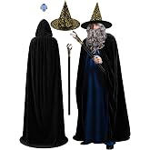SOMSOC 5 PCS Adult Wizard Costume Set Halloween Wizard Hat Hooded Cloak Gray Wig Beard Wand Ring Cosplay Accessories for Man