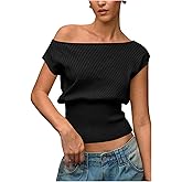 Verdusa Women's Going Out Tops Off The Shoulder Lightweight Sweater Cap Sleeve Cinched Waist Crop Top Black Large