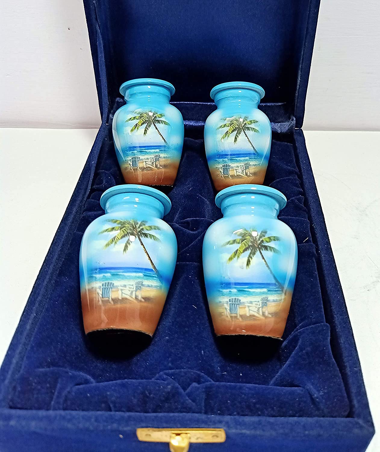 HLC URNS Keepsake Urn Set of 4 - Lovely Blue Beach Cremation Urns for Human Ashes With Velvet Box & Bags - Mini Affordable Keepsake (3 cu.in)