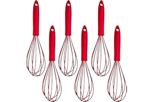 Silicone Whisk (10-Inch), 6 Piece Red Whisks for Cooking, Heat Resistant Kitchen Whisk for Non-stick Cookware, Balloon Wire E
