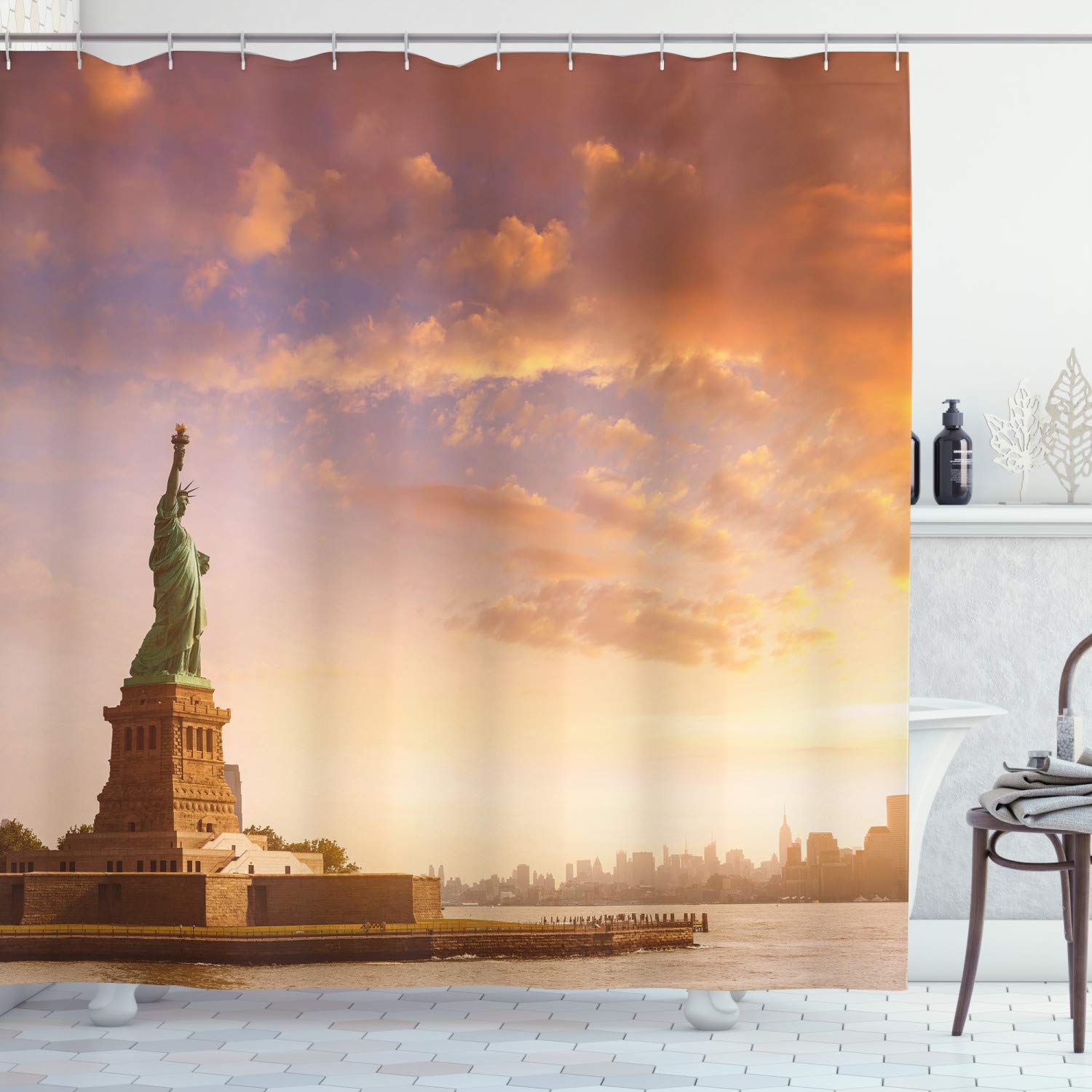 ABAKUHAUS Landscape Shower Curtain, Liberty Land Free Home Brave New York Scenery with Clouds Image, Cloth Fabric Bathroom Decor Set with Hooks, 94 Inches, Multicolor