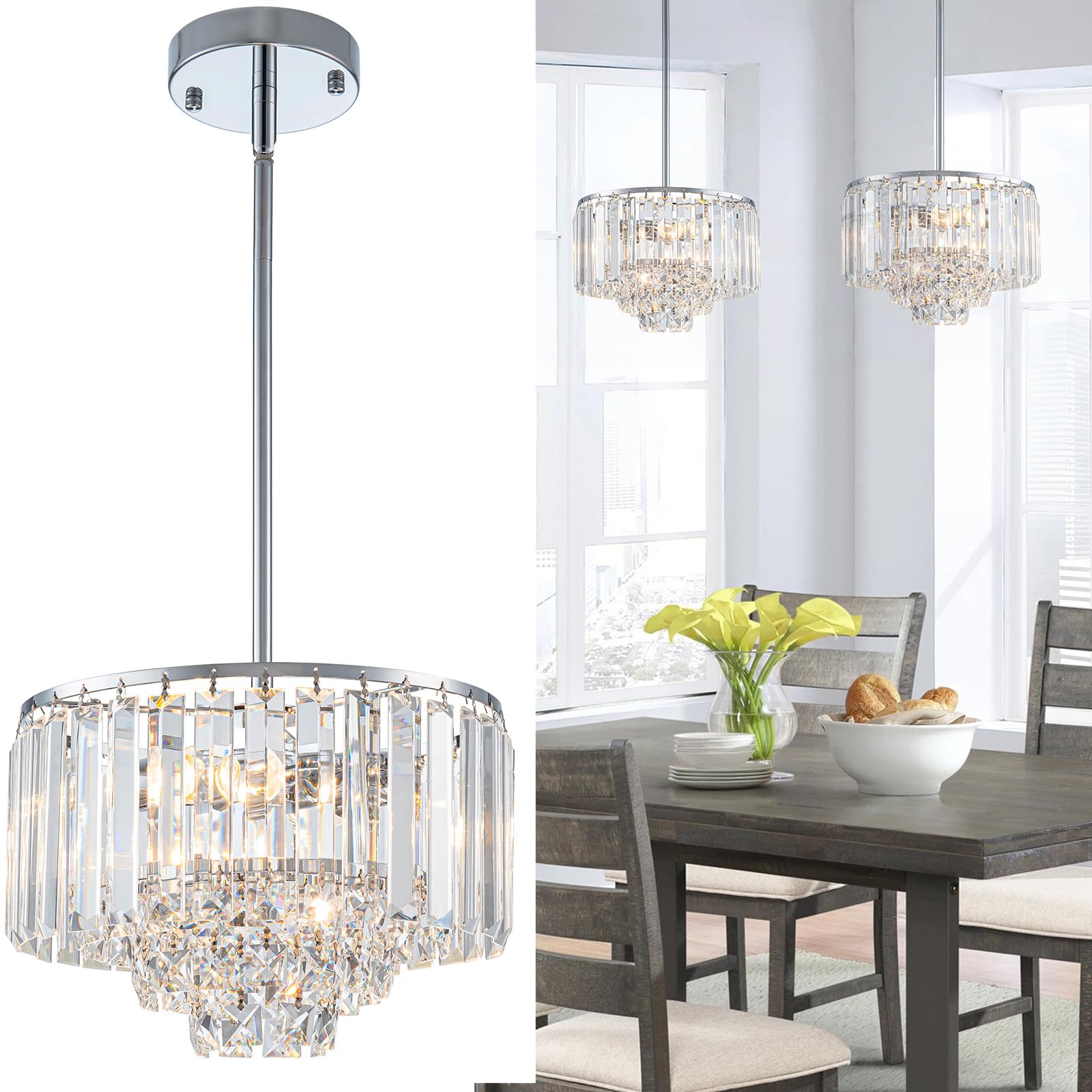 Photo 1 of 11" Pendant Lights Kitchen Island Chrome, 2-Light Modern Crystal Chandeliers for Dining Room Light Fixtures over Table, 4-Tier Round Bathroom Chandelier Pendant Light Fixtures for Entryway Bedroom