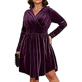 D.Q.RZhong Women’s Plus Size V Neck Velvet Dress Long Sleeve Wrap Empire Waist Midi Dress for Wedding Guest