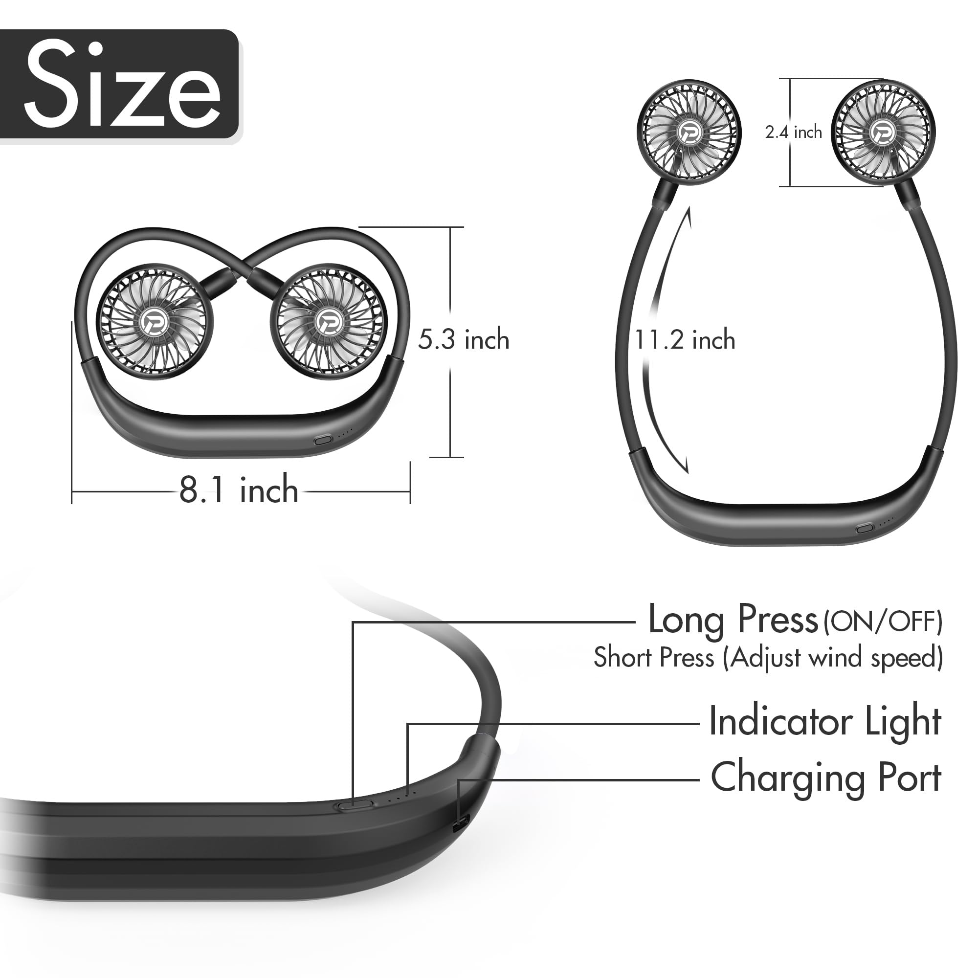 PANERGY Portable Neck Fan Rechargeable Hand Free Personal Fan Mini Wearable Battery Operated USB Fan for Men Women Kids Sport Work Travel