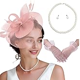 MS.ING Fascinator Hats for Women Tea Party Hats and Gloves Pearl Jewelry Set Derby Hat for Cocktail Wedding