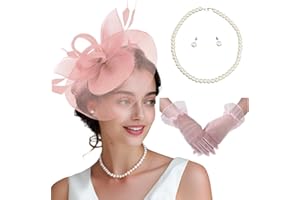 MS.ING Fascinator Hats for Women Tea Party Hats and Gloves Pearl Jewelry Set Derby Hat for Cocktail Wedding