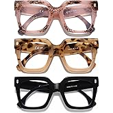 AQWANO Oversized Square Reading Glasses Women Men, Blue Light Blocking Computer Glasses, 3-Pack Fashion Large Readers