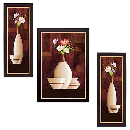 Delight Flower Painting with Brown Frame Set of 3