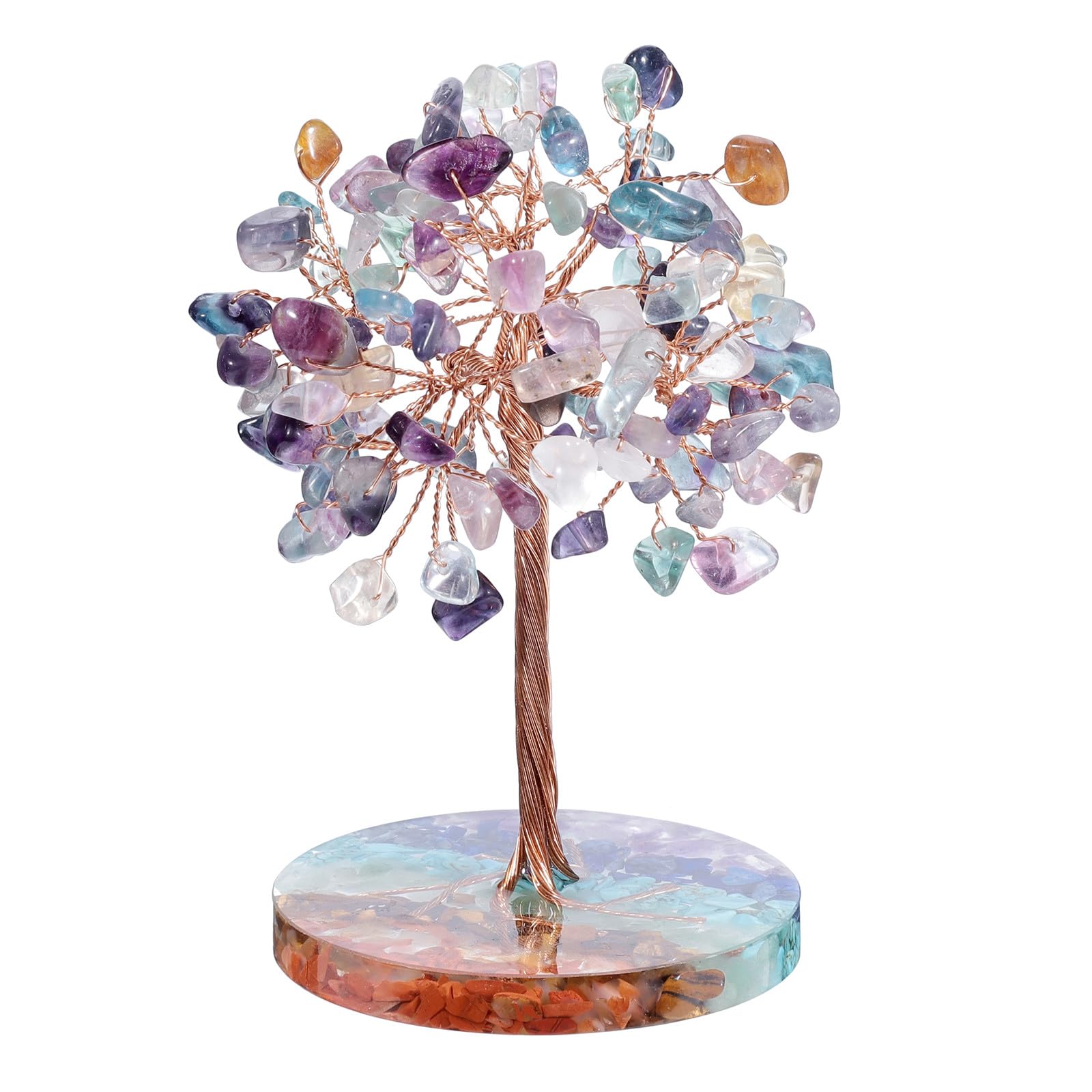 Nupuyai Fluorite Crystal Money Tree with 7 Chakra Base, Energy Healing Good Luck Tree Figurines Fengshui Crystals Ornament for Home Office Decor