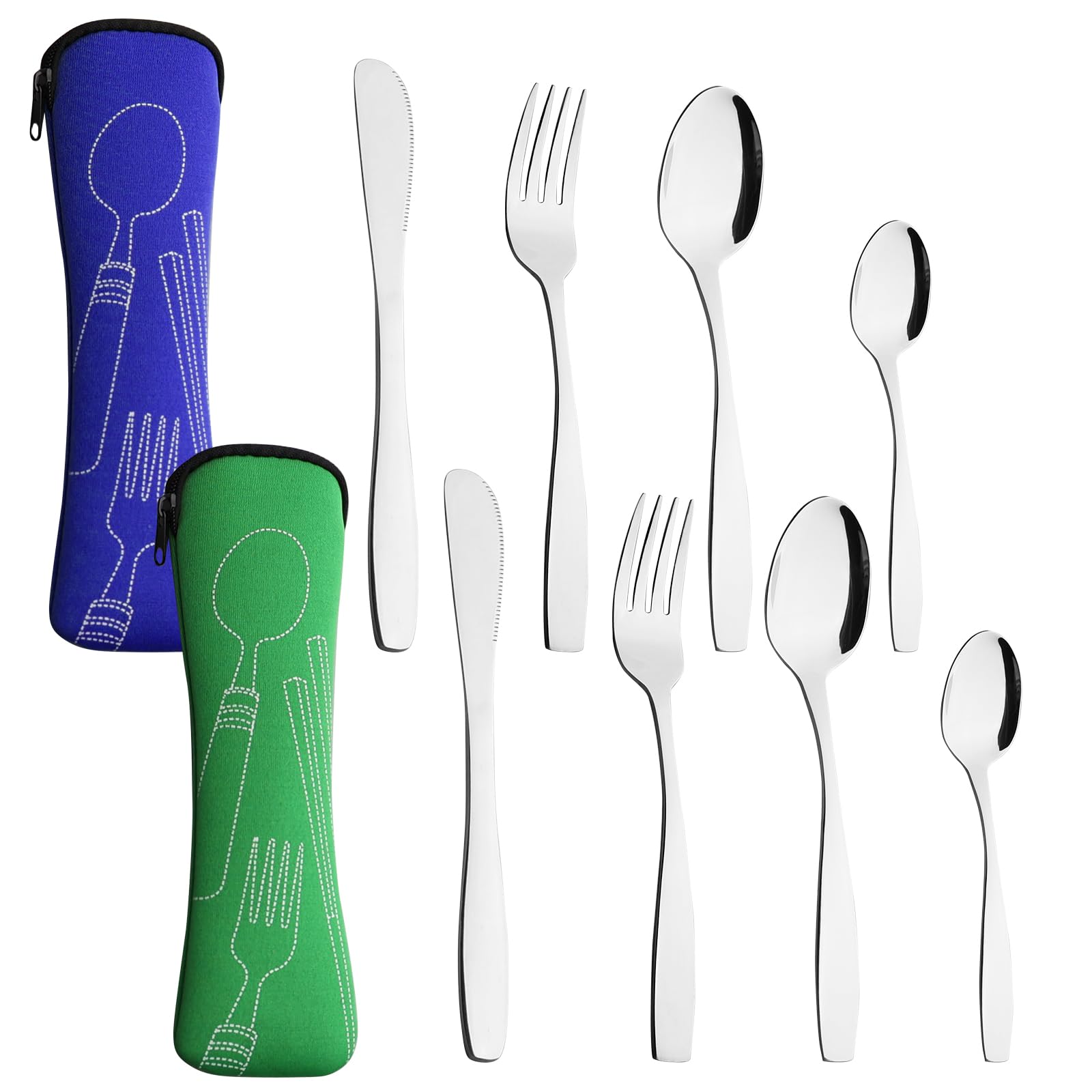 Ikando 8 Pcs Cutlery Set with Portable Pouch Case, Stainless Steel Flatware Camping Utensil Set, Travel Knife Fork Spoon Set for Outdoor Travel Picnic Office School Lunch Box, Set for 2