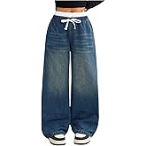 OYOANGLE Girl's Wide Leg Jeans Elastic High Waisted Tie Front Baggy Denim Pants