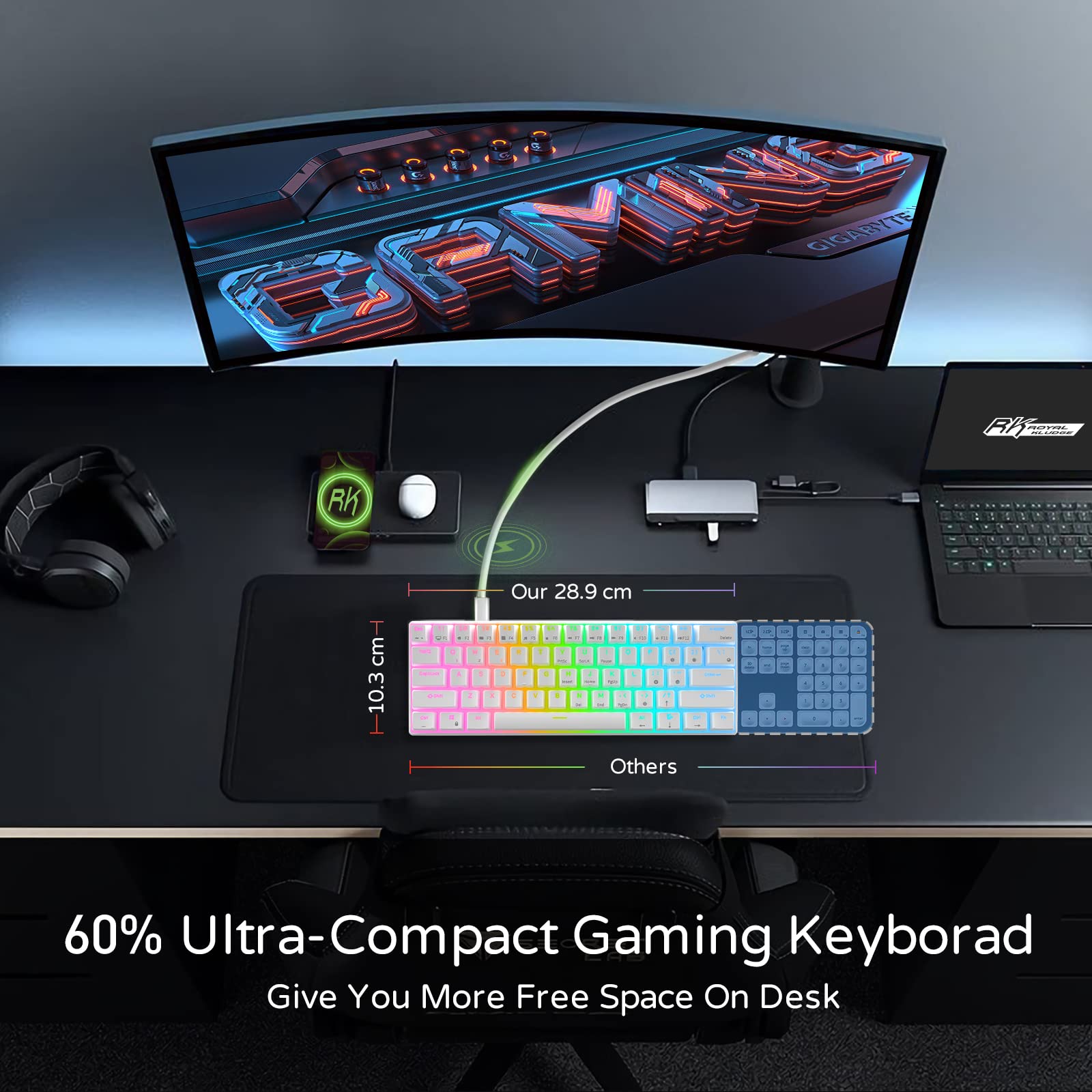RK ROYAL KLUDGE RK61 Wired 60% Mechanical Gaming Keyboard Programmable QMK/VIA RGB Backlit 61 Keys Ultra-Compact Hot Swappable Red Switch White