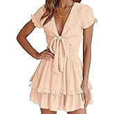 PRETTYGARDEN Women Summer Short Dress 2026 Casual V Neck Short Sleeve Tiered Bow Mini Sun Dresses Beach Vacation Sundress
