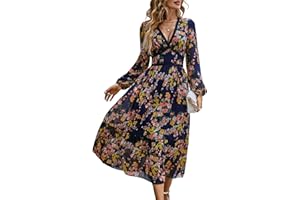 CHOOTEEYEEN Women's V Neck Long Sleeve Wrap Maxi Dress A Line Empire Waist Fall Wedding Guest Party Casual Chiffon Dress