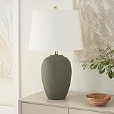 Nourison Home 23" Olive Green Ceramic Pot Table Lamp for Bedroom, Living Room, Dining Office, with White Tapered Drum Shade