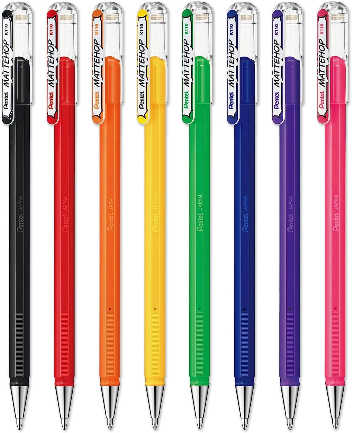 Pentel Mattehop - Liquid Gel Rollerball Pens - K110-1.0mm Nib - 1 of Each Colour - Pack of 8 - In Pillow Packaging