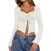 AIMCOO Women's Long Bell Sleeve Tops Tie Front Crop Top 2025 Sexy Y2K Sweetheart Neck Going Out T Shirts Tees