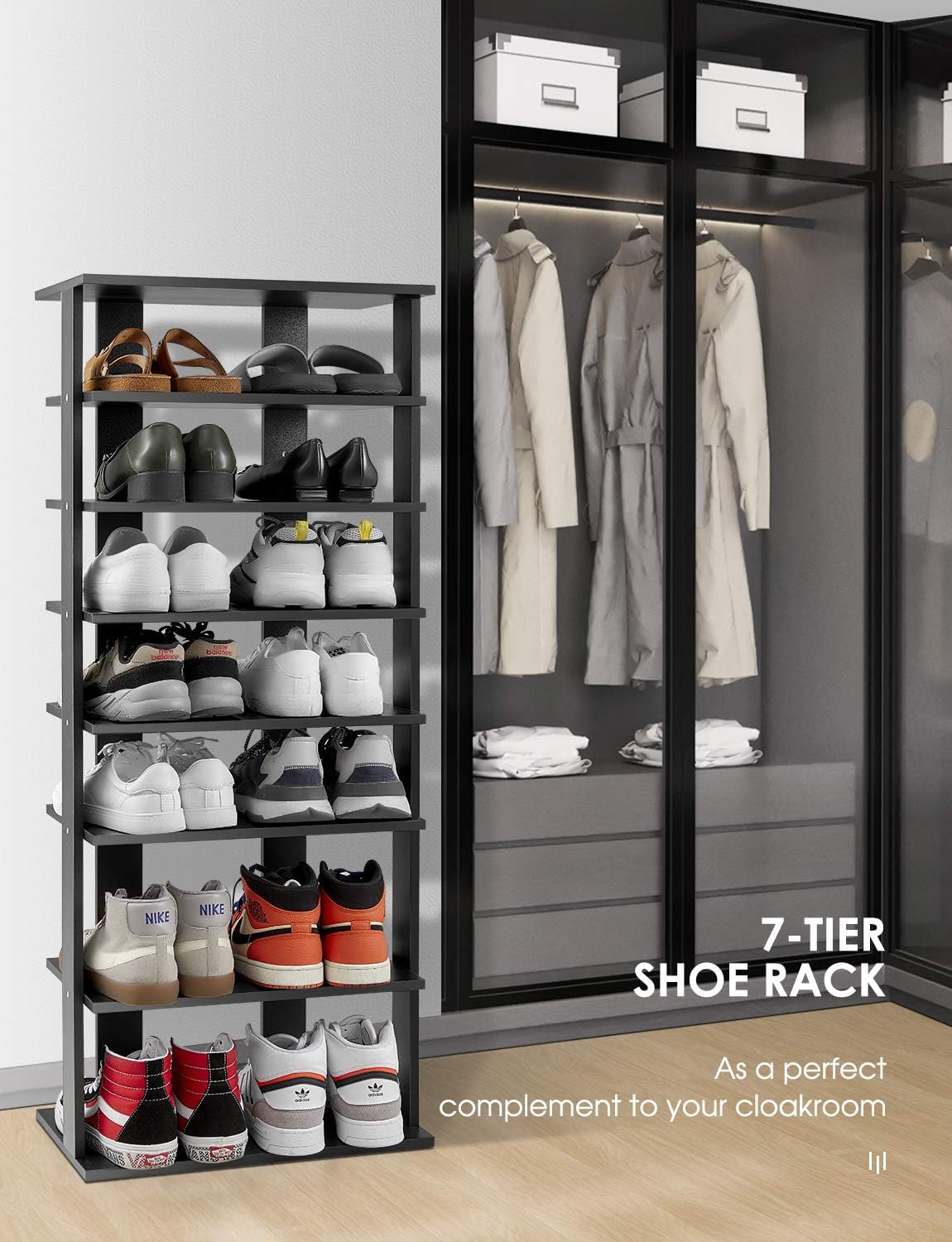 bamboo shoe rack amazon on Amazon Com Kealive Wooden Shoe Rack 7 Tiers Vertical Freestanding Shoe Tower Organizer Entryway Storage Stand Space Saving Shoe Rack Modern Tall Storage Shelf Black Double Size Home Improvement