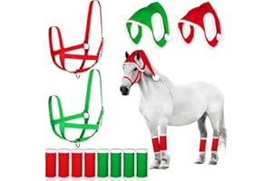 HCEWSBFD 12 Pcs Christmas Horse Tack Set Christmas Horse Costume Accessories with Holiday Xmas Hats Horse Leg Wraps Adjustabl