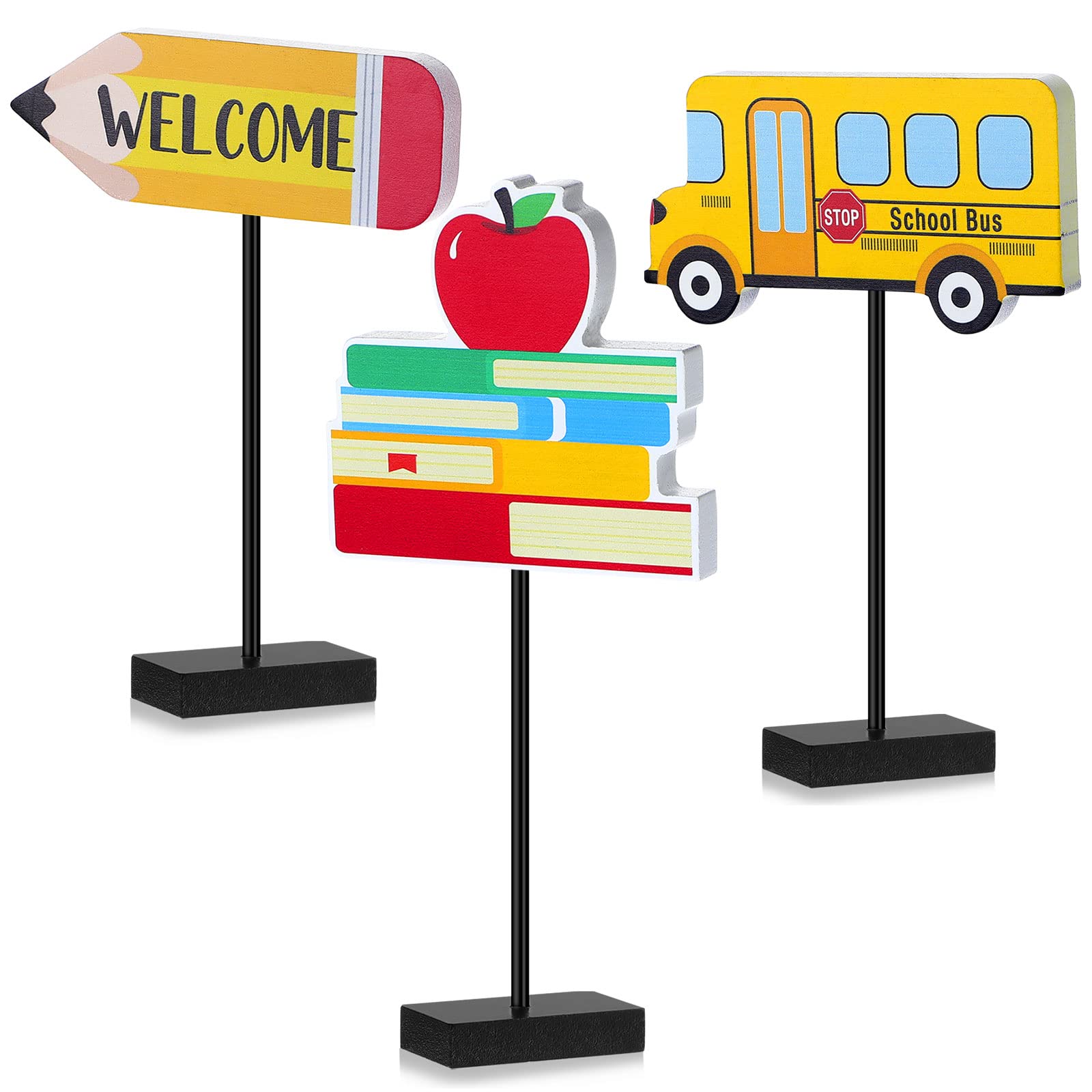 Photo 1 of 3 Pieces Back to School Wood Table Decor Pencil Book Bus Tall Standing Wooden Table Centerpiece Back to School Wooden Table Topper Sign for Classroom Decor