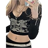 SOLY HUX Women's Y2k Graphic Crop Tops Notched V Neck Long Sleeve T Shirt Vintage Tees