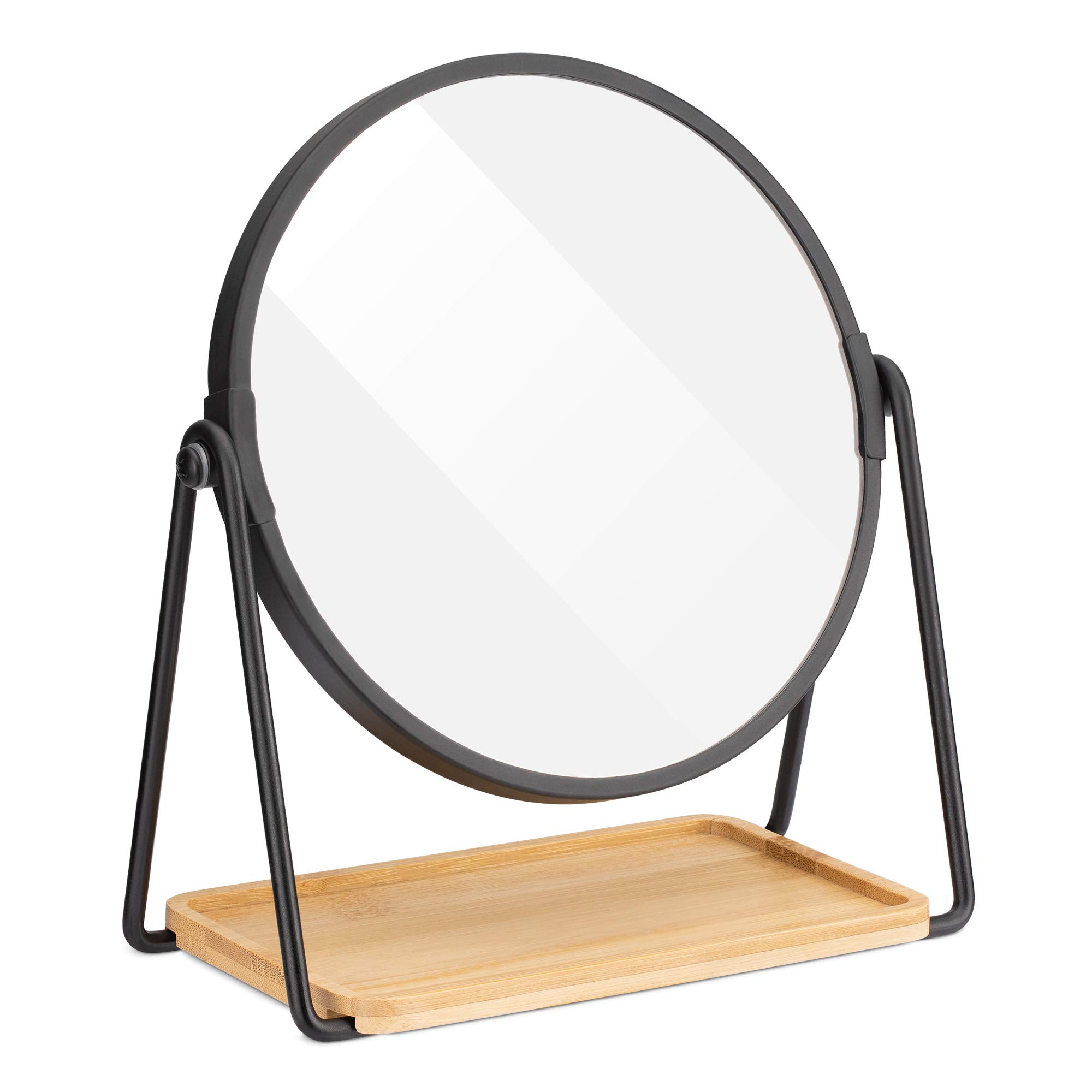 Navaris Tabletop Mirror with Tray - Double-Sided 1x/2x Magnifying Makeup Mirror with Bamboo Base - For Dressing Table, Bathroom, Bedroom - Black