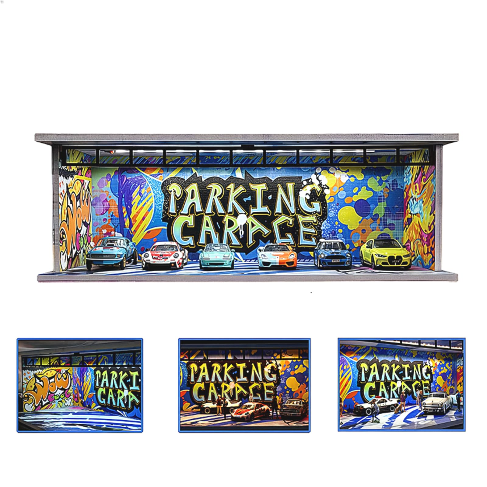 NUEIOVRW 1/64 Diorama Car Garage Model, Tri-Mode Lighting Adjustable Parking Scene Model Display, Diecast Model Cars Display Case, Scene Display Case with Acrylic Cover (Fantasy Garage)