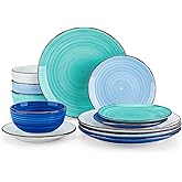 vancasso Bonita Dinnerware Set Blue Stoneware 12 Pieces Service for 4, Handpainted Spirals Pattern Stoneware Plates and Bowls Set