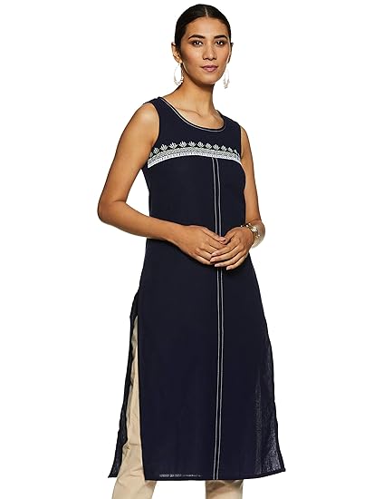 Women's cotton straight Kurta (20FEA11429-701104_ Blue_ Large)