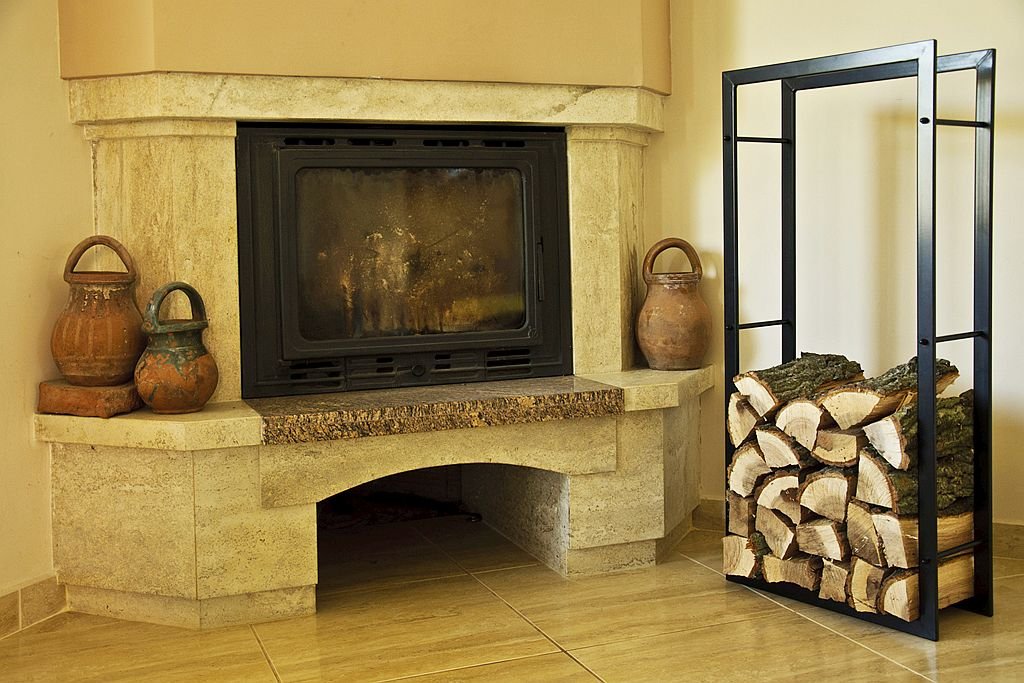 DanDiBo Soporte de Madera Chimenea Madera Estante Interior Metal Negro