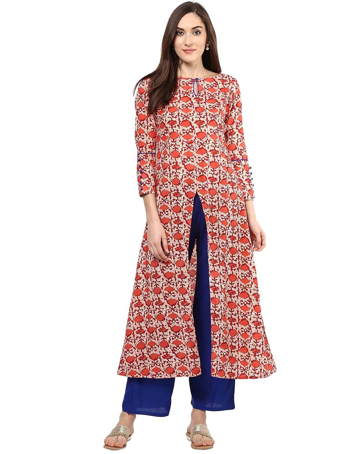 jaipur kurti coral block print kurta with blue palazzo set