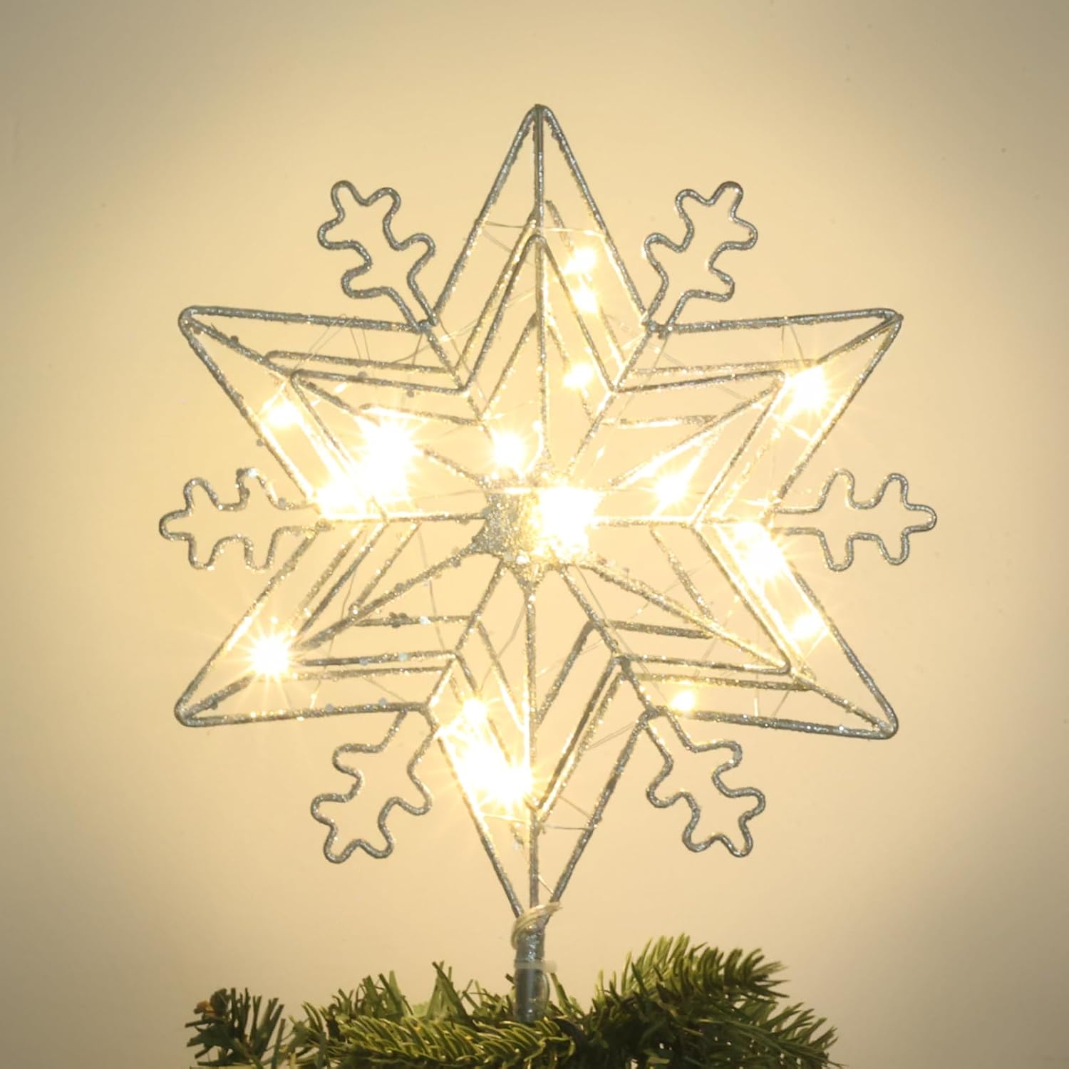 Tree Toppers - Christmas Tree Topper, PHITRIC 10 Inches Silver Snow Lighted Tree Topper, Six-Point Star Pattern 20 LED Lights Silver Glitter Powder Christmas Tree Star Tree Toppers Christmas Decorations