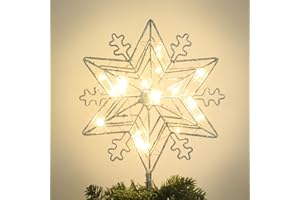 Christmas Tree Topper, PHITRIC 10 Inches Silver Snow Lighted Tree Topper, Six-Point Star Pattern 20 LED Lights Silver Glitter Powder Christmas Tree Star Tree Toppers Christmas Decorations
