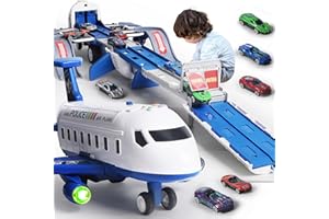 BOOMCACA Airplane Toy Race Track Kids Toys, Foldable 4 Layer Toddler Car Track Playset, Toy Plane Transport Car Carrier & 6 Race Cars, Toddlers Toys Birthday Xmas Gifts for Age 3 4 5 6+ Years Old Boys Girls