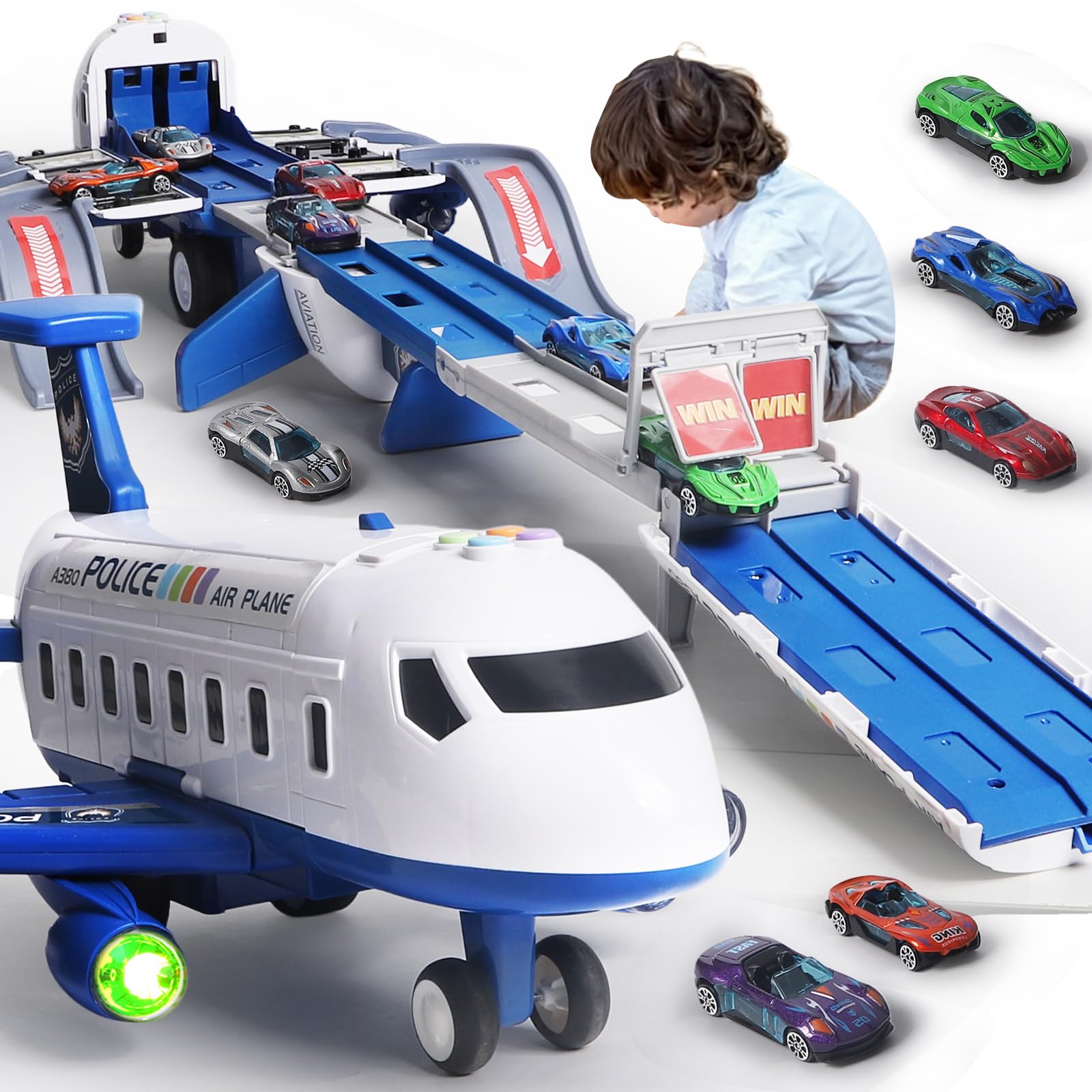Photo 1 of Airplane Toy Race Track Kids Toys, Foldable 4 Layer Toddler Car Track Playset, Toy Plane Transport Car Carrier & 6 Race Cars, Toddlers Toys Birthday Xmas Gifts for Age 3 4 5 6+ Years Old Boys Girls