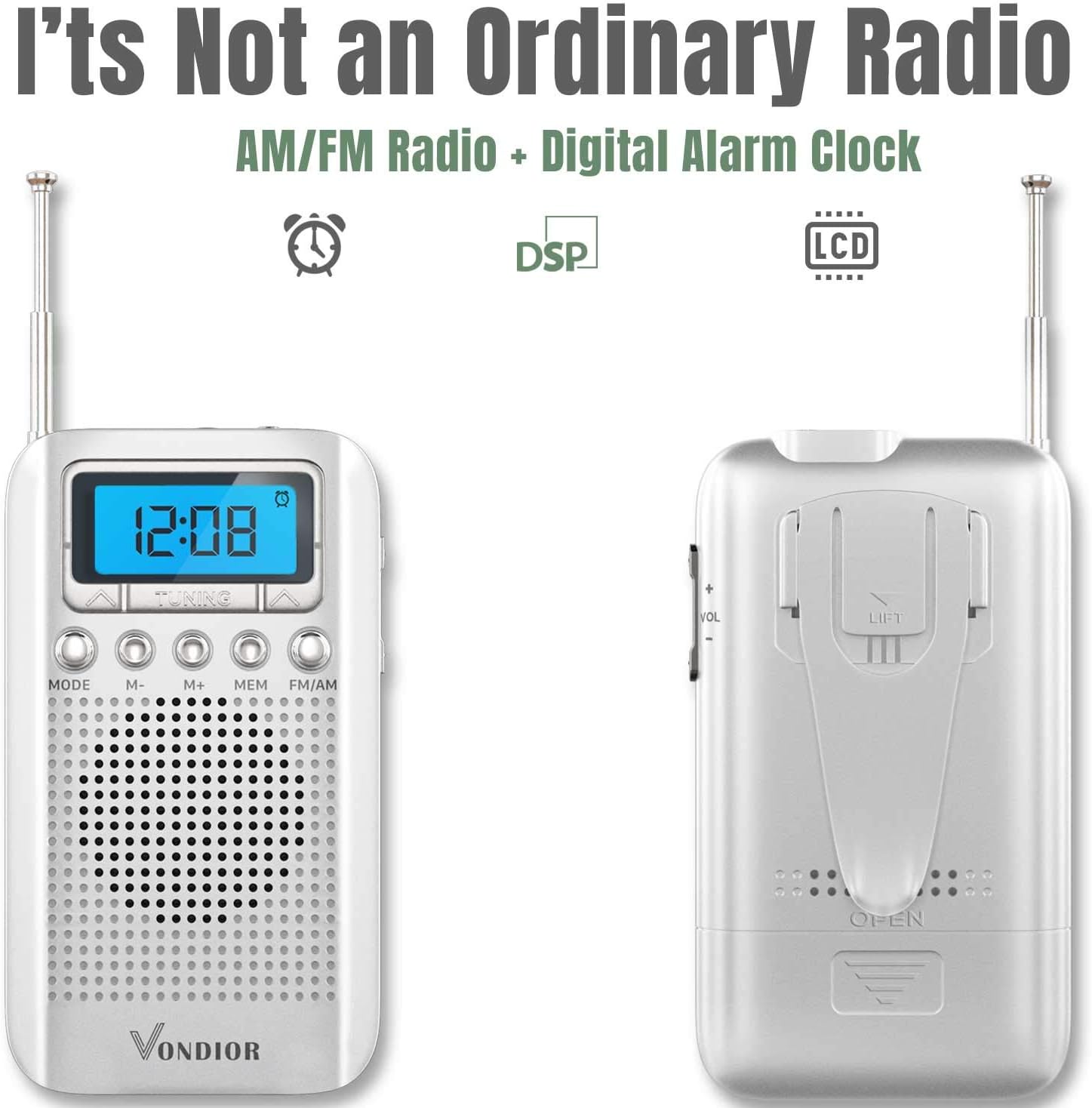 Digital AM FM Portable Pocket Radio with Alarm Clock- Best Reception and Longest Lasting. AM FM Compact Radio Player Operated by 2 AAA Battery, Stereo Headphone Socket (Silver), by Vondior: Electronics